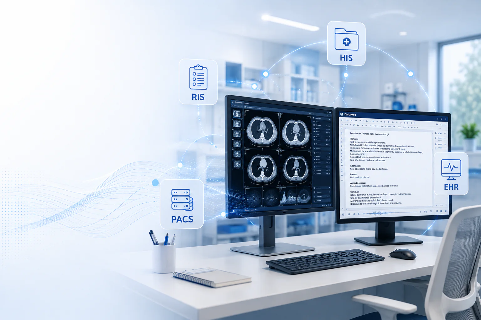Stație de lucru medicală DictaMed conectată la sisteme HIS, RIS, PACS și EHR