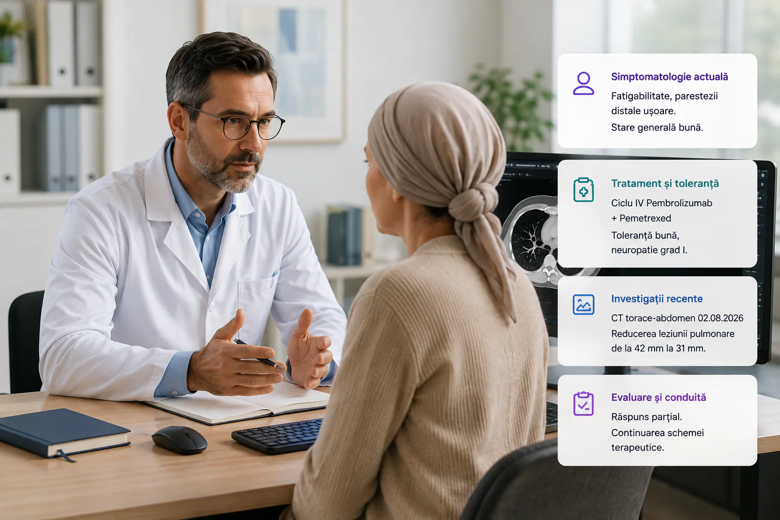 Medic oncolog discutând cu o pacientă în timpul consultației